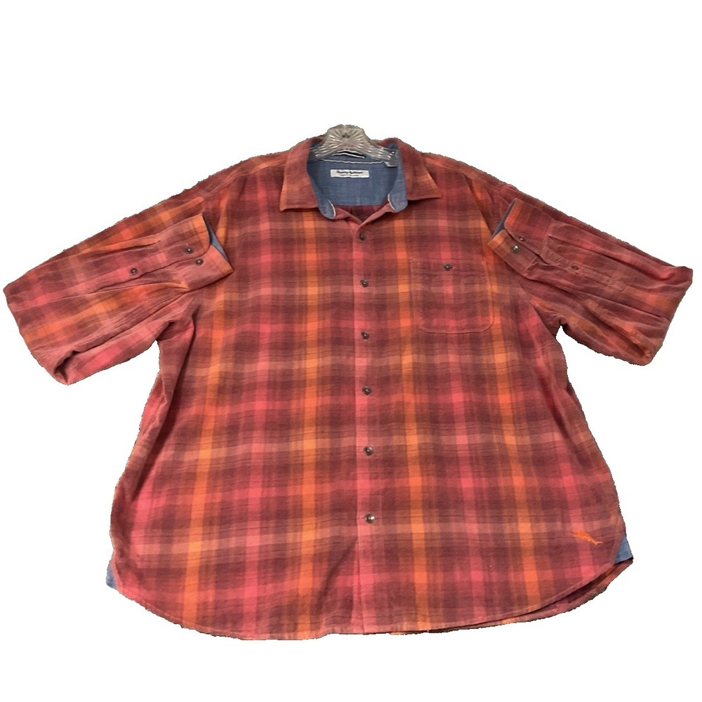 Tommy‎ Bahama Shirt Mens Rust Red Coastline Cord Corduroy Soft Pinwale Plaid XXL